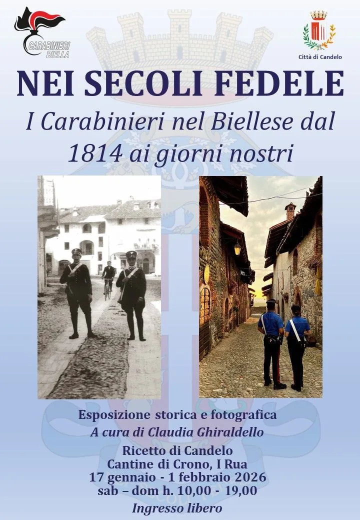 Locandina della mostra Nei Secoli Fedele al Ricetto di Candelo, con foto d’epoca e moderne dei Carabinieri tra le rue del borgo.